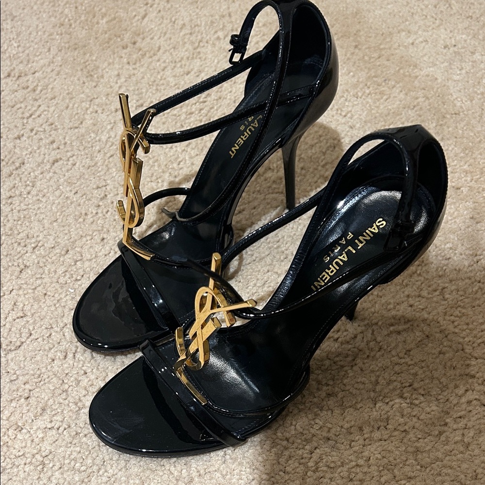 Saint Laurent Glossy Black Heels with Gold Detail